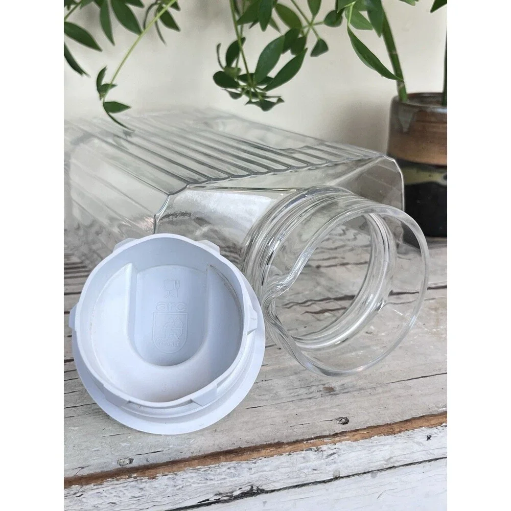 Vintage ARC France Glass Ribbed Juice Pitcher W/ Rubber Lid 10.5” Retro Kitchen